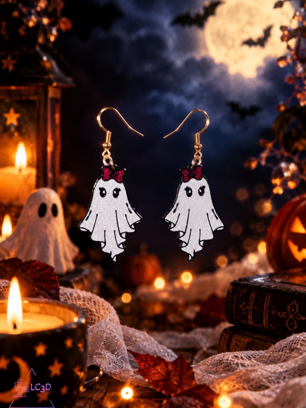 Cute Ghost Bow Dangle Earrings for Kids - White